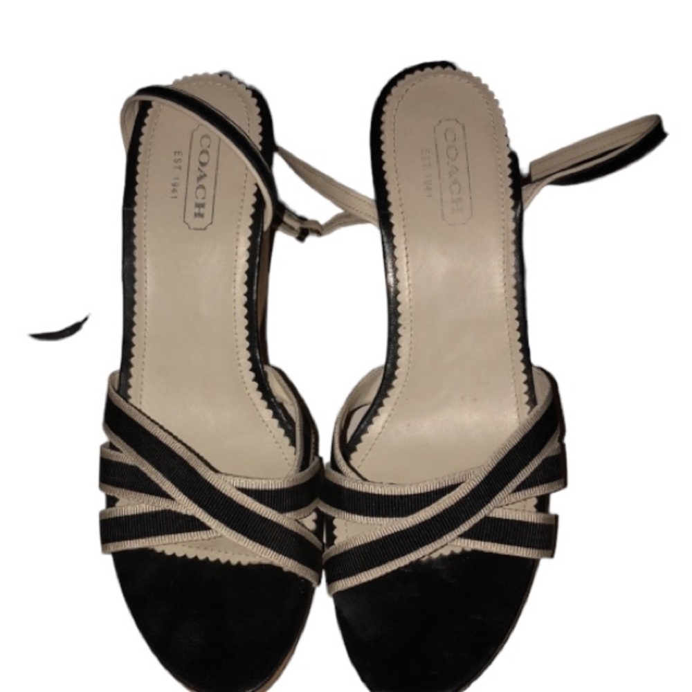Coach size 10 black & white leather linen & grosgrain ankle wrap platform